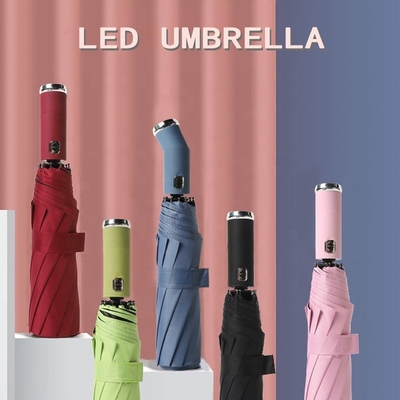 23 pulgadas Pongee Panel LED sombrilla plegable con 10 huesos y doble hueso linterna automática
