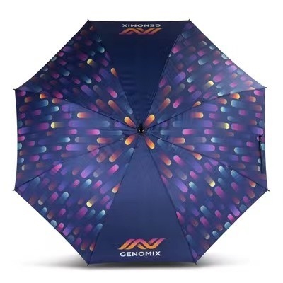 Popular logotipo personalizado y patrón sombrilla de sublimación con mango de revestimiento de goma