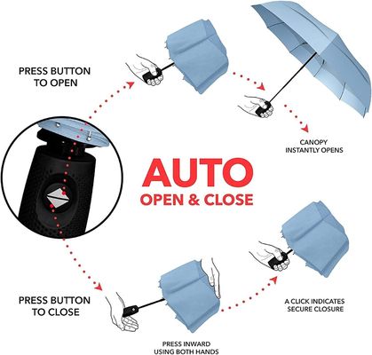 Paraguas de viaje con doble dosel con revestimiento UV negro 190T Pongee para protección contra lluvia y viento