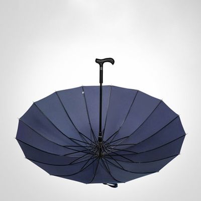 Logotipo personalizado negro Paraguas con muleta automática Paraguas recto con costillas de fibra de vidrio