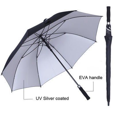 Paraguas de lluvia de tamaño golf con mango suave EVA y revestimiento de plata