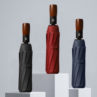 3 Paraguas de negocios automáticos plegables con logotipo personalizado impreso y mango de madera