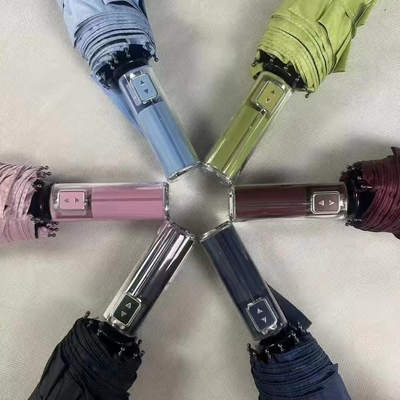 Venta caliente Tres plegable automático de diseño mecánico mango Paraguas UV Paraguas de bloque