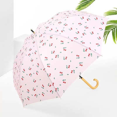 Fresco diseño de hojas de cereza mango de madera paraguas recto automático abierto impermeable paraguas de moda